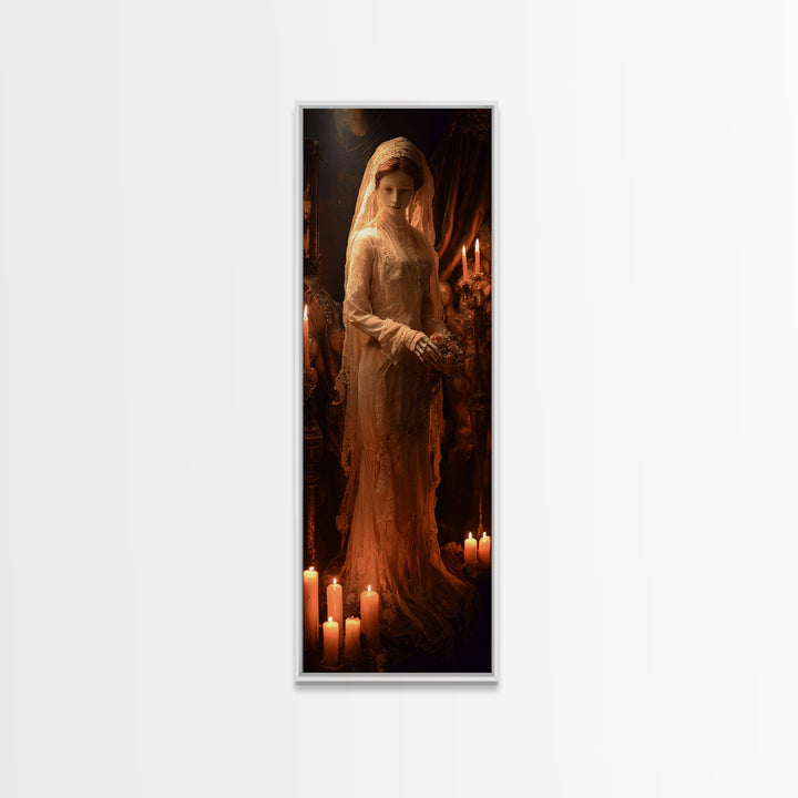 The Wax Bride Of Mourning Hall, Tall Narrow Wall Art, Macabre Wall Art, Framed Canvas Print, Halloween Wall Decor, Gothic Home Decor