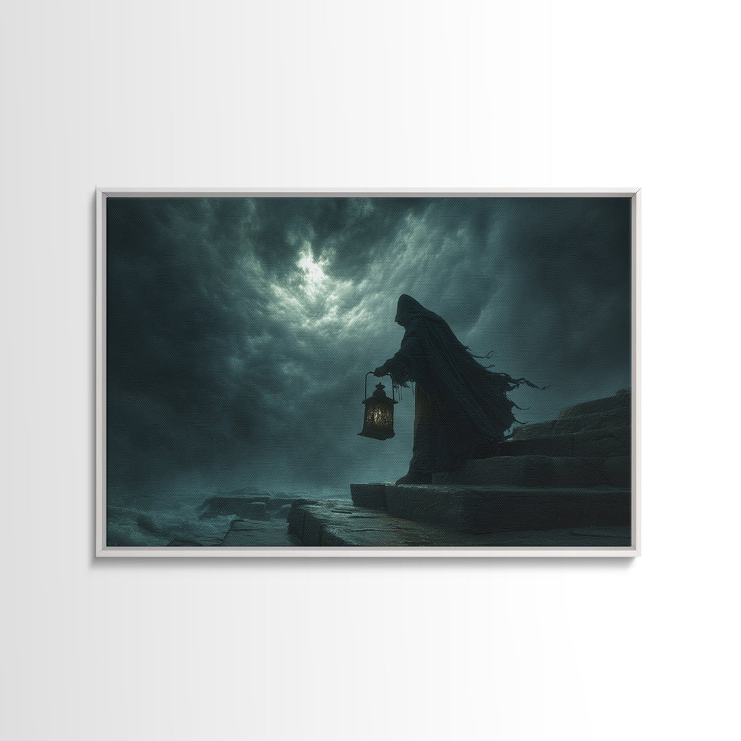 The Lantern-Bearer Of R’Lyeh, Landscape Wall Art, Spooky Home Decor, Framed Canvas Print, Halloween Wall Decor, Gothic Home Decor