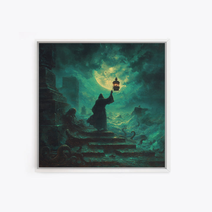 The Lantern-Bearer Of R’Lyeh, Square Wall Art, Spooky Home Decor, Framed Canvas Print, Halloween Wall Decor, Gothic Home Decor
