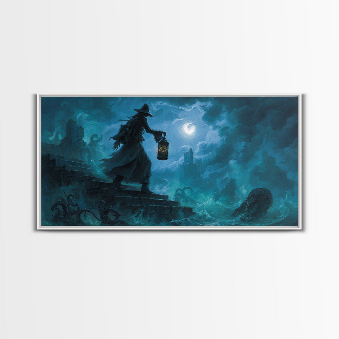 The Lantern-Bearer Of R’Lyeh, Wide Panoramic Art, Lovecraftian Horror Art, Canvas Print, Halloween Wall Decor, Gothic Home Decor