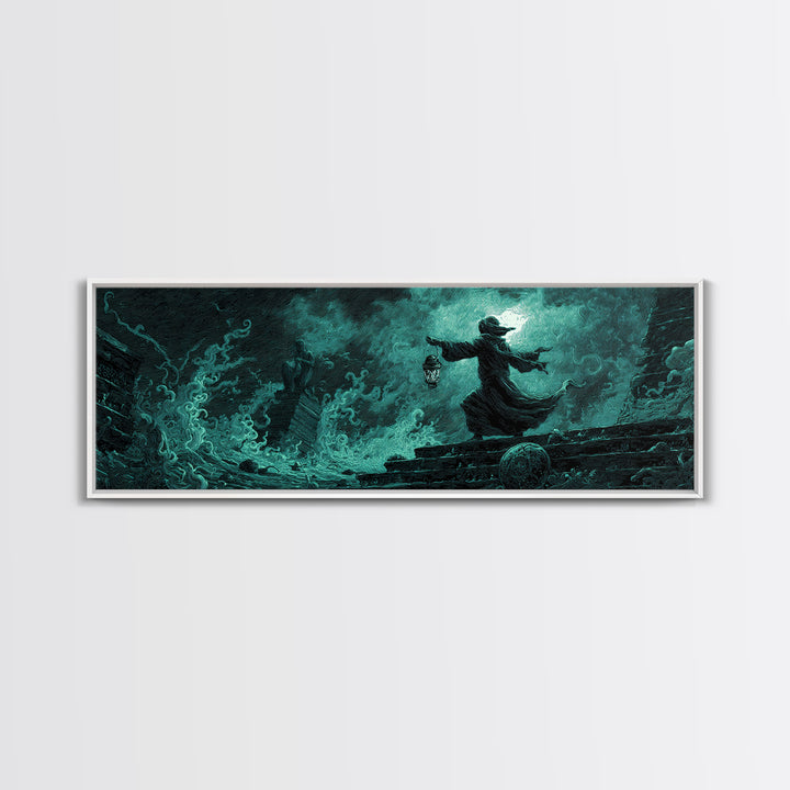 The Lantern-Bearer Of R’Lyeh, Extra Wide Wall Art, Eldritch Gothic Decor, Framed Canvas Print, Halloween Wall Decor, Gothic Home Decor