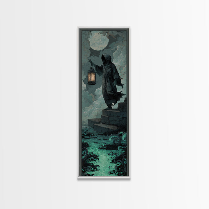 The Lantern-Bearer Of R’Lyeh, Tall Narrow Wall Art, Gothic Horror Wall Art, Framed Canvas Print, Halloween Wall Decor, Gothic Home Decor