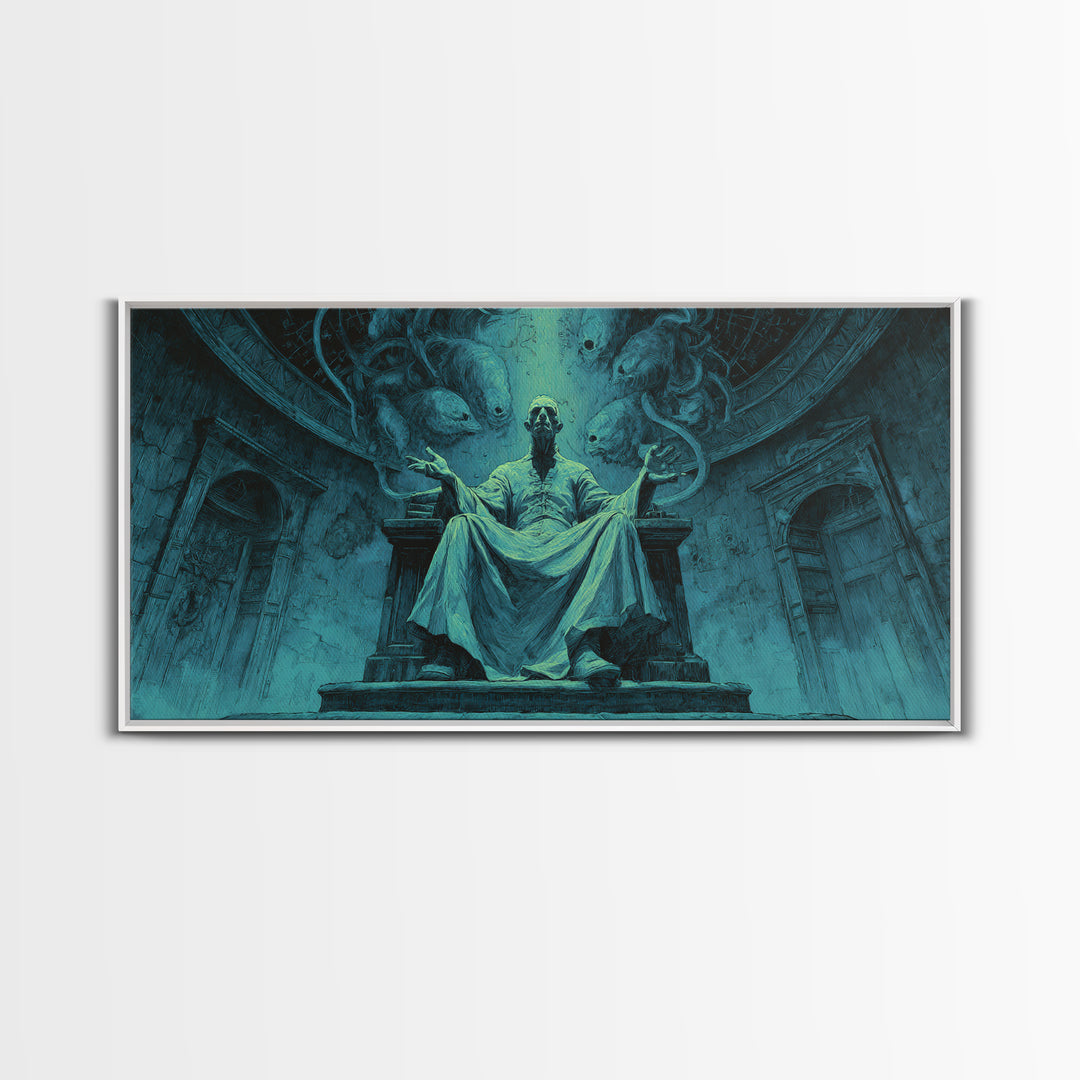 The Dreaming Priest Of The Outer Gate, Wide Panoramic Art, Gothic Horror Wall Art, Framed Canvas Print, Halloween Wall Decor