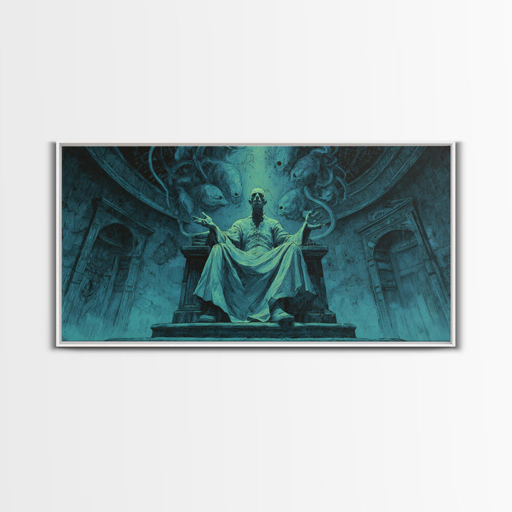 The Dreaming Priest Of The Outer Gate, Wide Panoramic Art, Gothic Horror Wall Art, Framed Canvas Print, Halloween Wall Decor