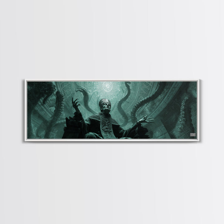The Dreaming Priest Of The Outer Gate, Extra Wide Wall Art, Cosmic Horror Wall Art, Framed Canvas Print, Halloween Wall Decor