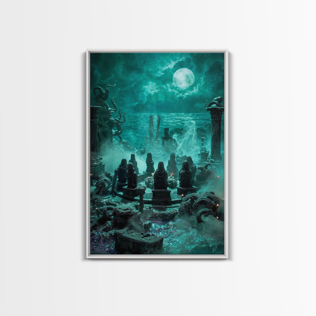 The Choir Of Deepwater Acolytes, Vertical Wall Art, Macabre Wall Art, Framed Canvas Print, Halloween Wall Decor, Gothic Home Decor