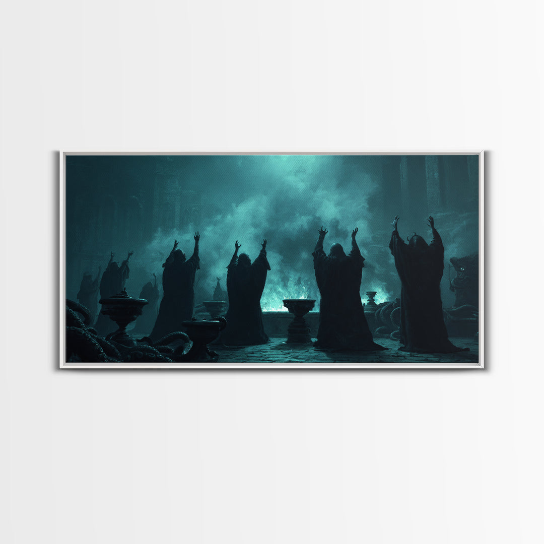 The Choir Of Deepwater Acolytes, Wide Panoramic Art, Dark Fantasy Wall Art, Canvas Print, Halloween Wall Decor, Gothic Home Decor