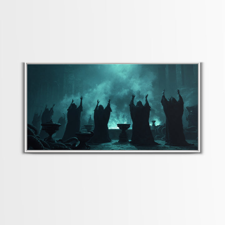 The Choir Of Deepwater Acolytes, Wide Panoramic Art, Dark Fantasy Wall Art, Canvas Print, Halloween Wall Decor, Gothic Home Decor