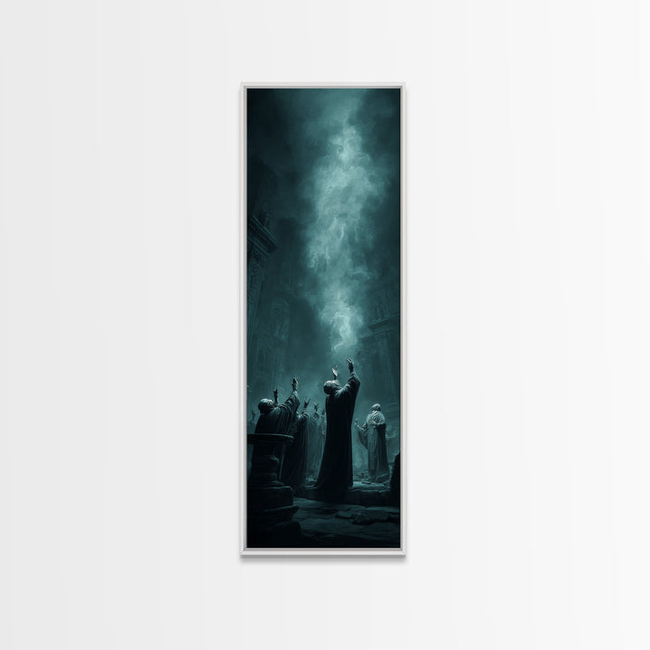 The Choir Of Deepwater Acolytes, Tall Narrow Wall Art, Lovecraftian Horror Art, Framed Canvas Print, Halloween Wall Decor, Gothic Home Decor