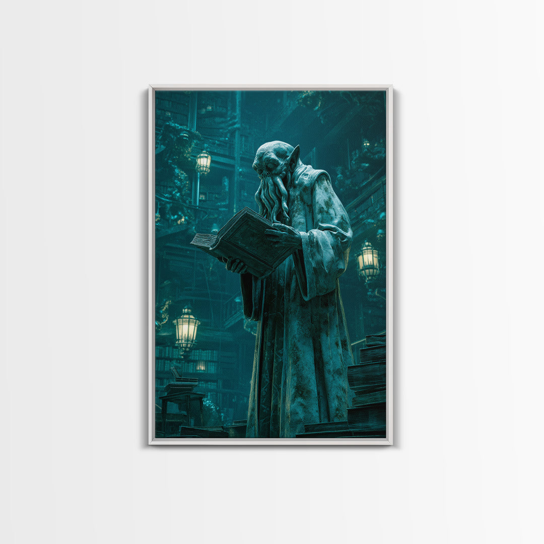 The Librarian Of Forbidden Tides, Vertical Wall Art, Gothic Horror Wall Art, Framed Canvas Print, Halloween Wall Decor, Gothic Home Decor