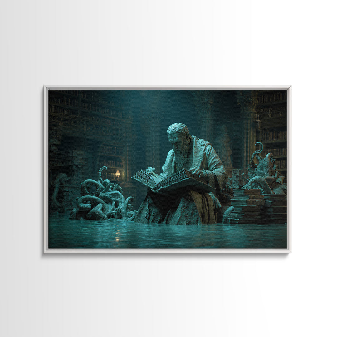 The Librarian Of Forbidden Tides, Landscape Wall Art, Lovecraftian Horror Art, Framed Canvas Print, Halloween Wall Decor, Gothic Home Decor