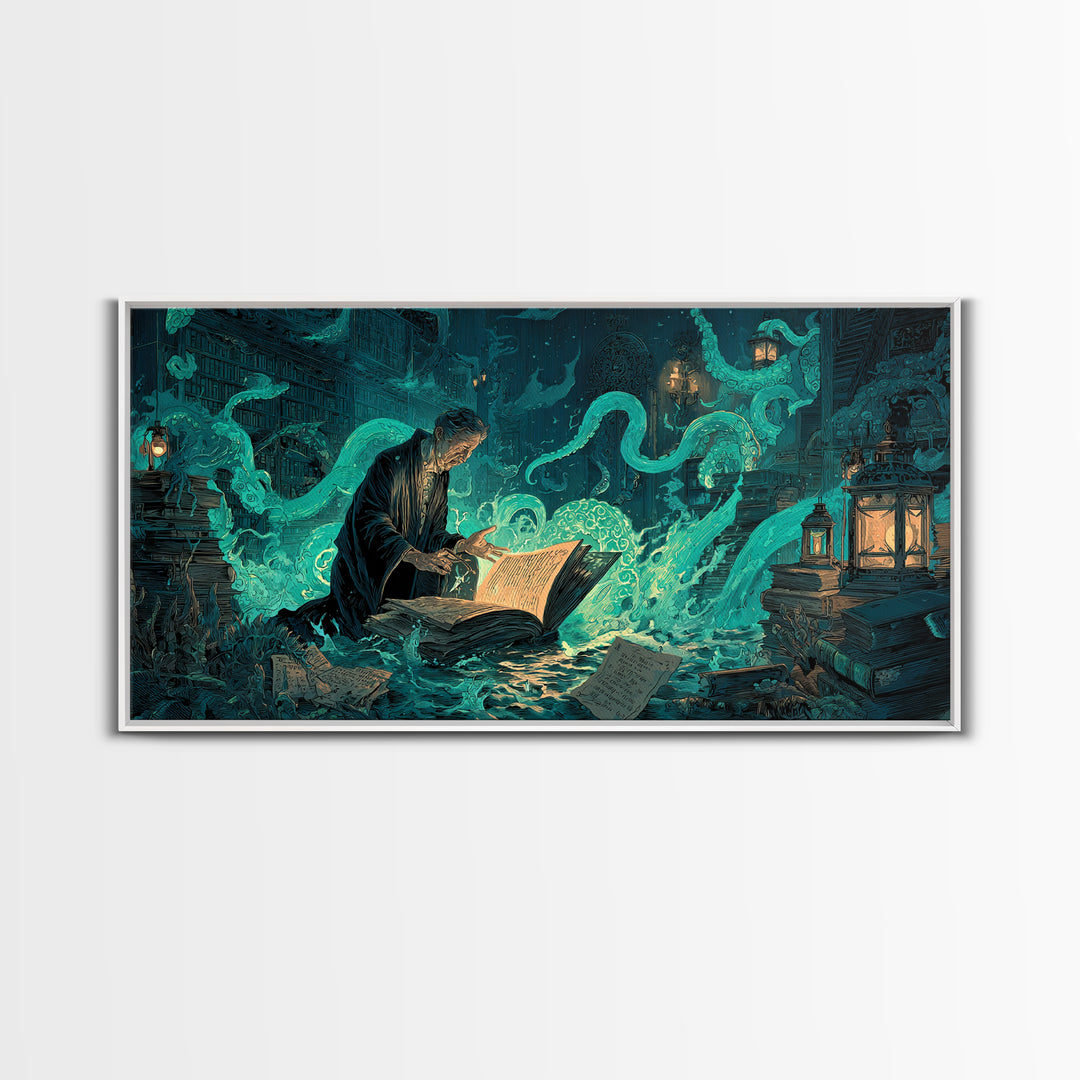 The Librarian Of Forbidden Tides, Wide Panoramic Art, Lovecraftian Horror Art, Canvas Print, Halloween Wall Decor, Gothic Home Decor