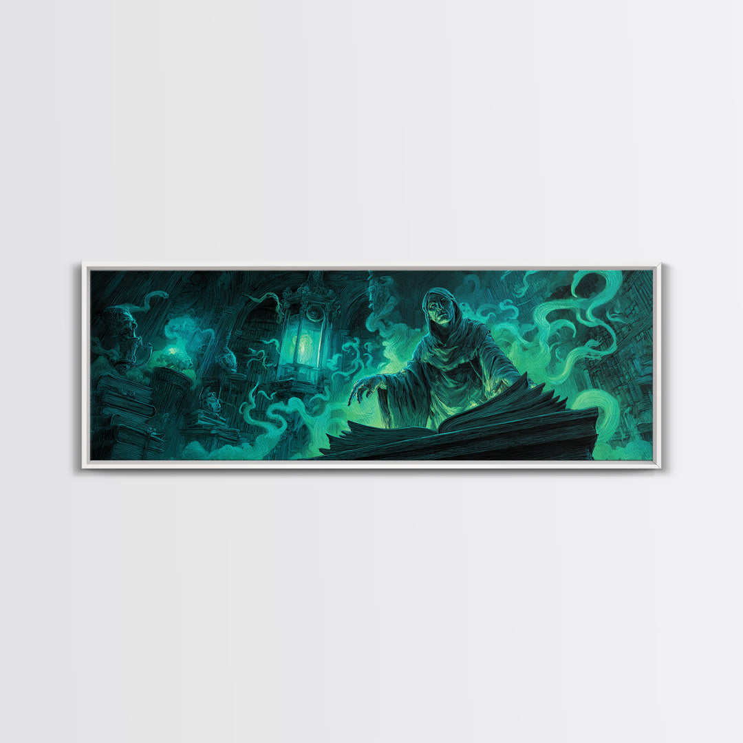 The Librarian Of Forbidden Tides, Extra Wide Wall Art, Cosmic Horror Wall Art, Canvas Print, Halloween Wall Decor, Gothic Home Decor