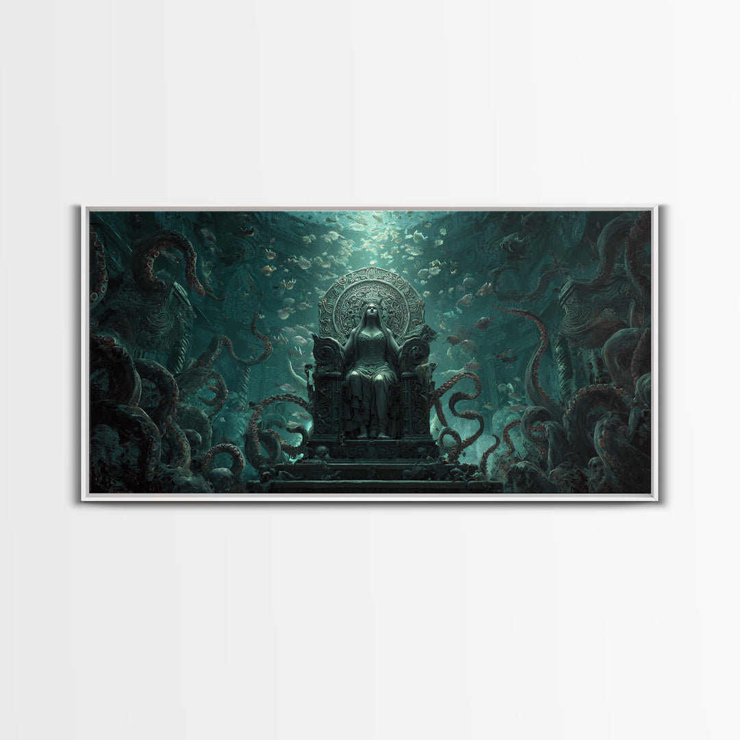 The Watcher In The Coral Throne, Wide Panoramic Art, Lovecraftian Horror Art, Framed Canvas Print, Halloween Wall Decor, Gothic Home Decor