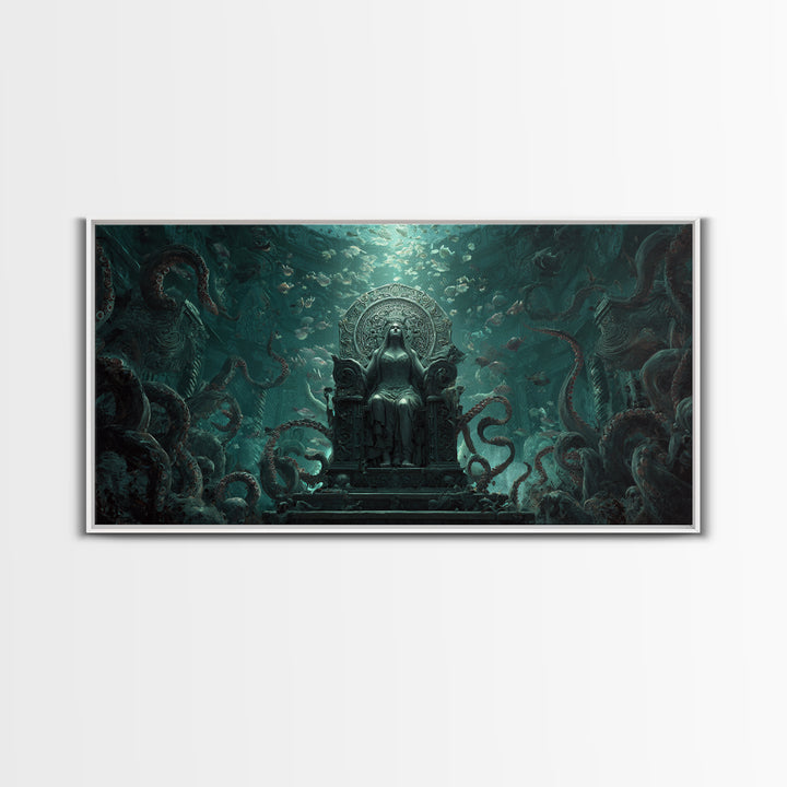 The Watcher In The Coral Throne, Wide Panoramic Art, Lovecraftian Horror Art, Framed Canvas Print, Halloween Wall Decor, Gothic Home Decor