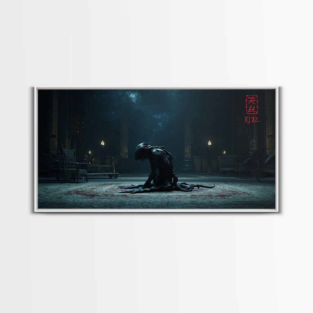 The Crawler Beneath The Floor Of Stars, Wide Panoramic Art, Eldritch Gothic Decor, Framed Canvas Print, Halloween Wall Decor