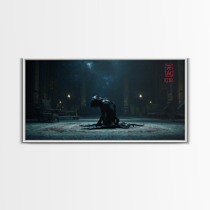 The Crawler Beneath The Floor Of Stars, Wide Panoramic Art, Eldritch Gothic Decor, Framed Canvas Print, Halloween Wall Decor