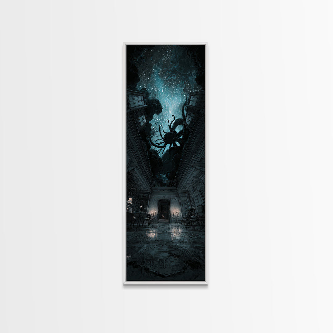 The Crawler Beneath The Floor Of Stars, Tall Narrow Wall Art, Spooky Home Decor, Framed Canvas Print, Halloween Wall Decor