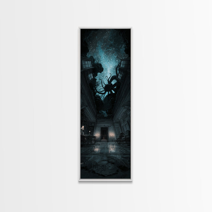 The Crawler Beneath The Floor Of Stars, Tall Narrow Wall Art, Spooky Home Decor, Framed Canvas Print, Halloween Wall Decor