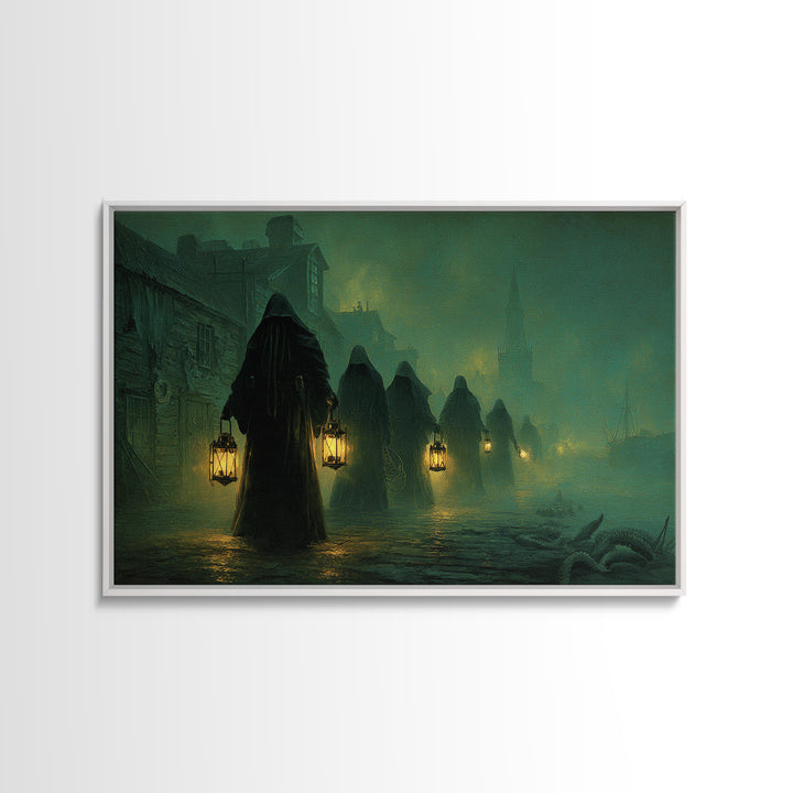 The Innsmouth Lantern Procession, Landscape Wall Art, Macabre Wall Art, Canvas Print, Halloween Wall Decor, Gothic Home Decor