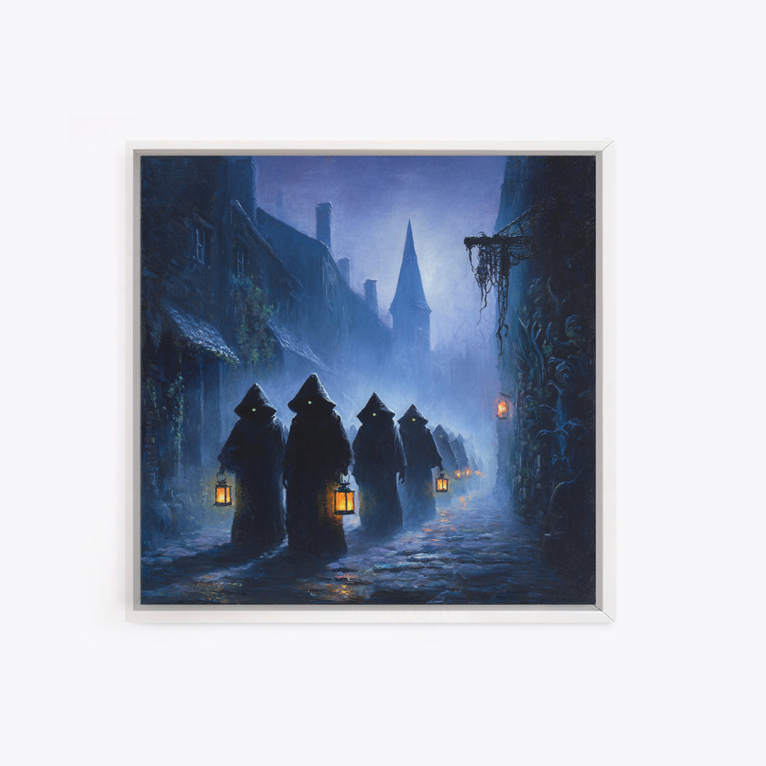 The Innsmouth Lantern Procession, Square Wall Art, Gothic Horror Wall Art, Framed Canvas Print, Halloween Wall Decor, Gothic Home Decor