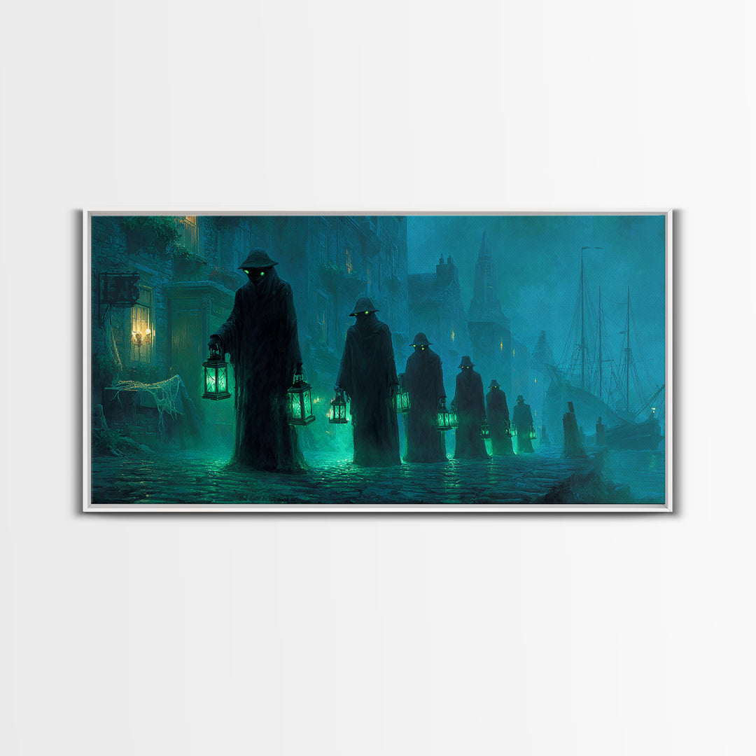 The Innsmouth Lantern Procession, Wide Panoramic Art, Eldritch Gothic Decor, Canvas Print, Halloween Wall Decor, Gothic Home Decor