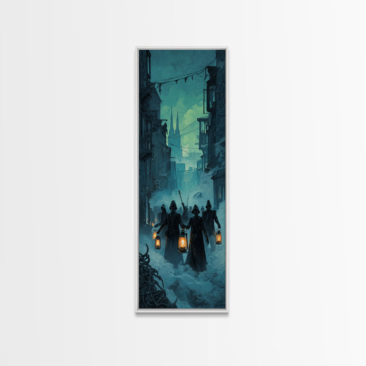 The Innsmouth Lantern Procession, Tall Narrow Wall Art, Gothic Horror Wall Art, Canvas Print, Halloween Wall Decor, Gothic Home Decor