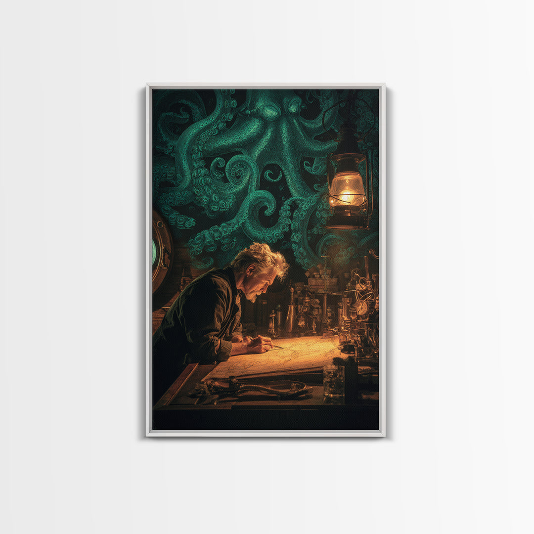 The Mapmaker Of Impossible Shores, Vertical Wall Art, Macabre Wall Art, Framed Canvas Print, Halloween Wall Decor, Gothic Home Decor