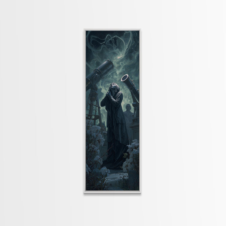 The Widow Of The Whispering Comet, Tall Narrow Wall Art, Macabre Wall Art, Framed Canvas Print, Halloween Wall Decor, Gothic Home Decor