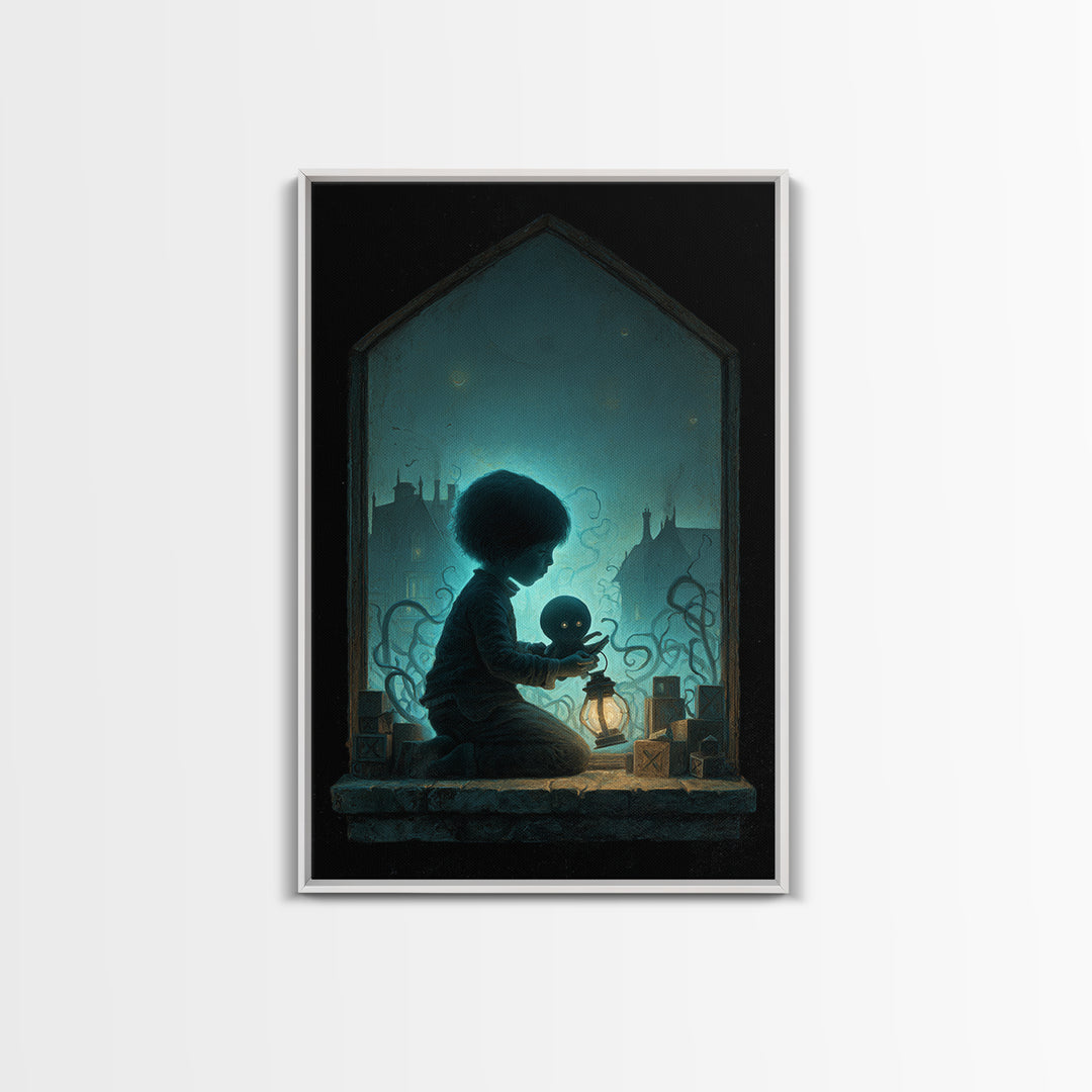 The Child Who Caught A Moon-Spawn, Vertical Wall Art, Eldritch Gothic Decor, Framed Canvas Print, Halloween Wall Decor, Gothic Home Decor