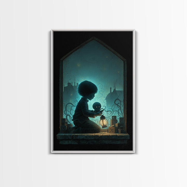 The Child Who Caught A Moon-Spawn, Vertical Wall Art, Eldritch Gothic Decor, Framed Canvas Print, Halloween Wall Decor, Gothic Home Decor