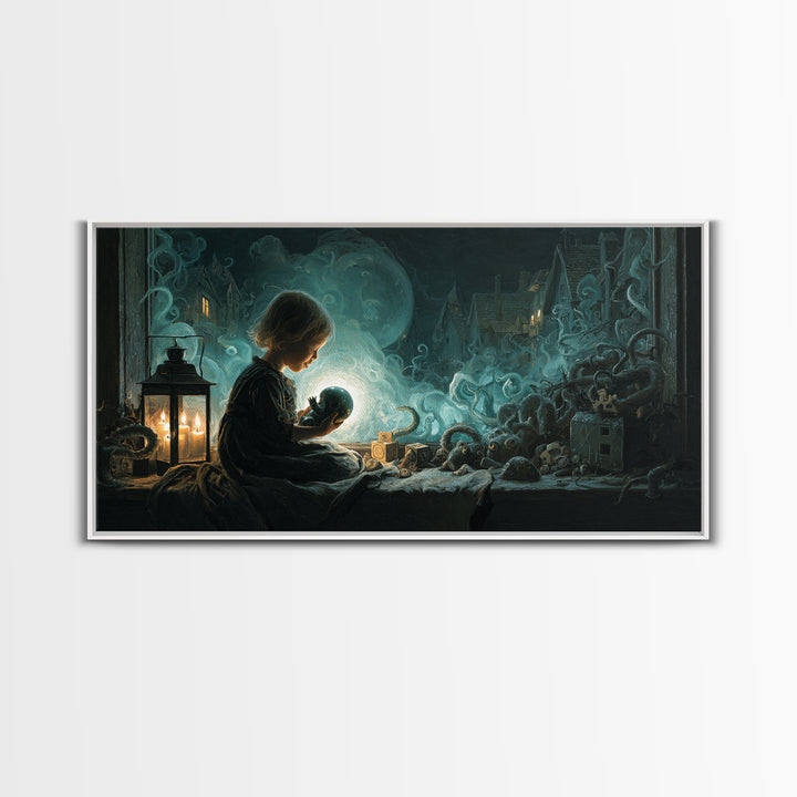 The Child Who Caught A Moon-Spawn, Wide Panoramic Art, Lovecraftian Horror Art, Framed Canvas Print, Halloween Wall Decor, Gothic Home Decor