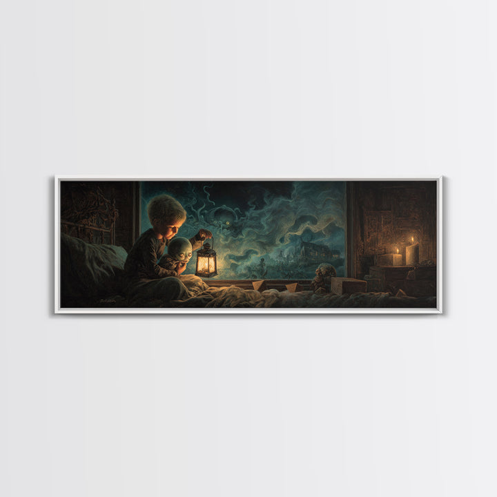 The Child Who Caught A Moon-Spawn, Extra Wide Wall Art, Eldritch Gothic Decor, Framed Canvas Print, Halloween Wall Decor, Gothic Home Decor