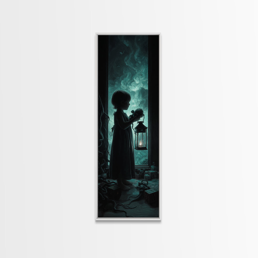 The Child Who Caught A Moon-Spawn, Tall Narrow Wall Art, Dark Halloween Decor, Framed Canvas Print, Halloween Wall Decor, Gothic Home Decor
