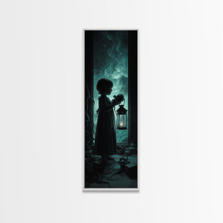 The Child Who Caught A Moon-Spawn, Tall Narrow Wall Art, Dark Halloween Decor, Framed Canvas Print, Halloween Wall Decor, Gothic Home Decor