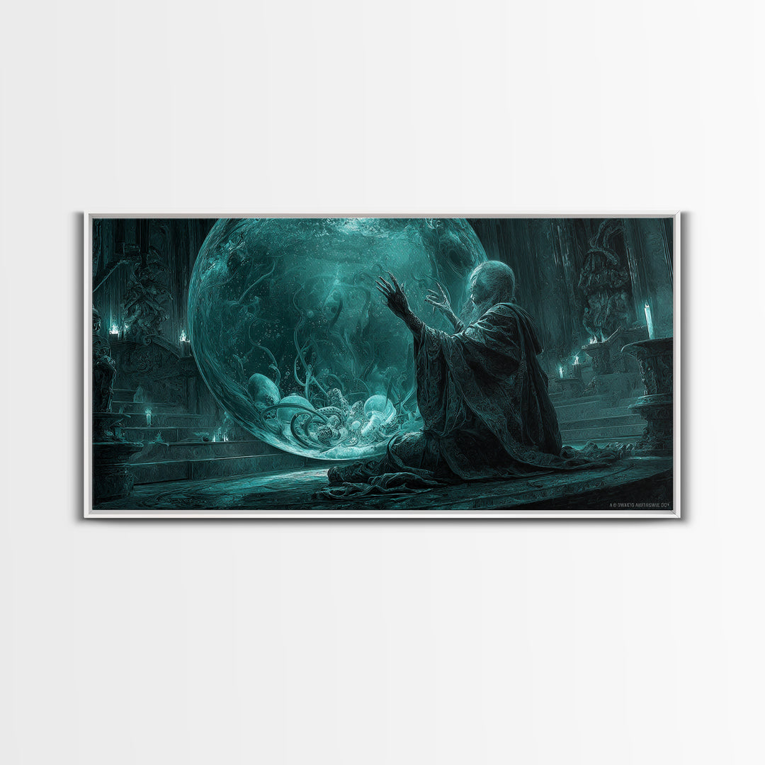 The Oracle Of The Glass Depths, Wide Panoramic Art, Haunted Gothic Art, Framed Canvas Print, Halloween Wall Decor, Gothic Home Decor