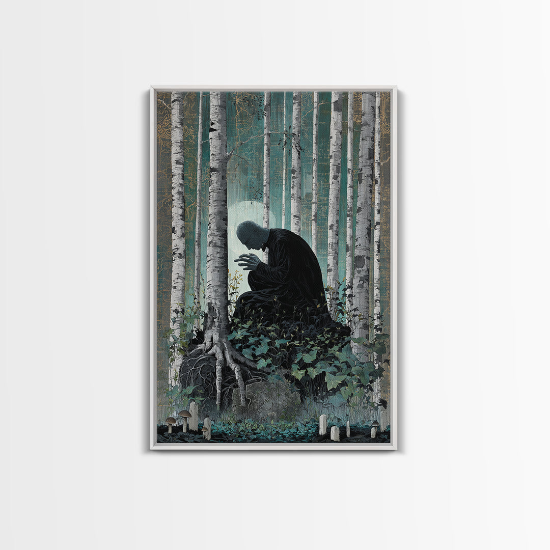 The Sleeper In The Birch Grove, Vertical Wall Art, Dark Fantasy Wall Art, Framed Canvas Print, Halloween Wall Decor, Gothic Home Decor