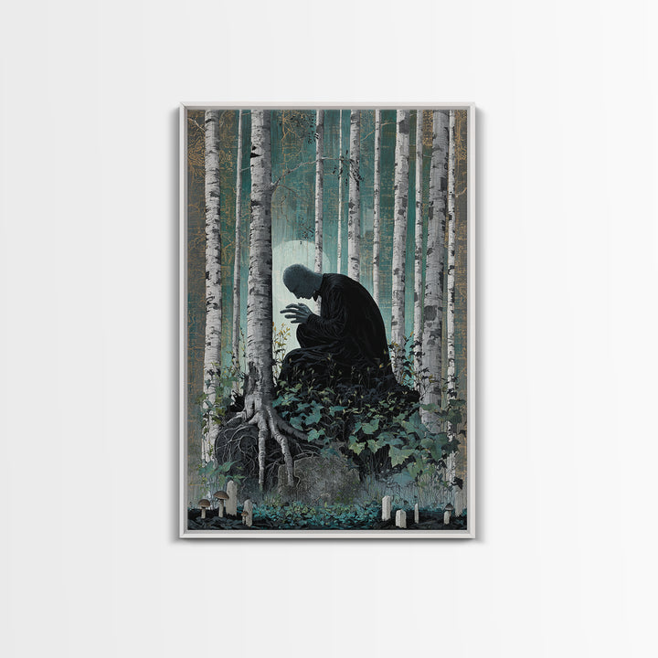The Sleeper In The Birch Grove, Vertical Wall Art, Dark Fantasy Wall Art, Framed Canvas Print, Halloween Wall Decor, Gothic Home Decor