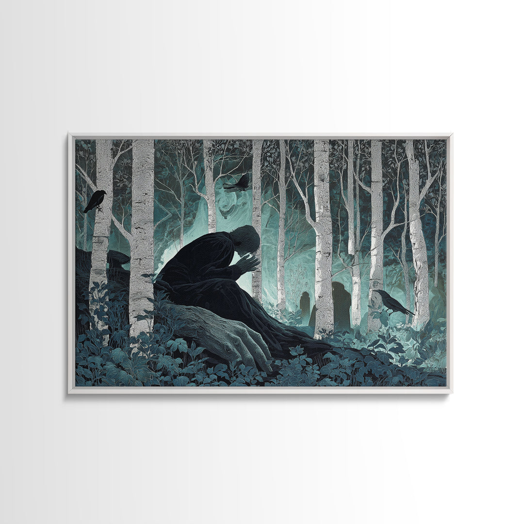 The Sleeper In The Birch Grove, Landscape Wall Art, Dark Halloween Decor, Canvas Print, Halloween Wall Decor, Gothic Home Decor
