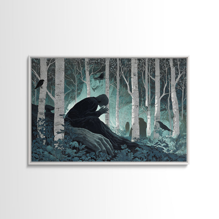 The Sleeper In The Birch Grove, Landscape Wall Art, Dark Halloween Decor, Canvas Print, Halloween Wall Decor, Gothic Home Decor