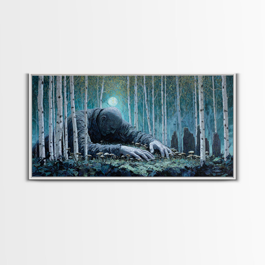 The Sleeper In The Birch Grove, Wide Panoramic Art, Lovecraftian Horror Art, Framed Canvas Print, Halloween Wall Decor, Gothic Home Decor
