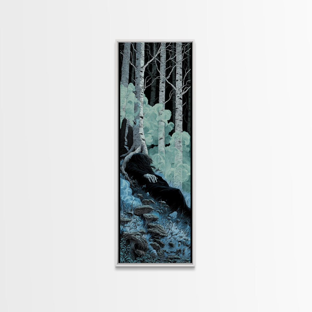 The Sleeper In The Birch Grove, Tall Narrow Wall Art, Spooky Home Decor, Framed Canvas Print, Halloween Wall Decor, Gothic Home Decor