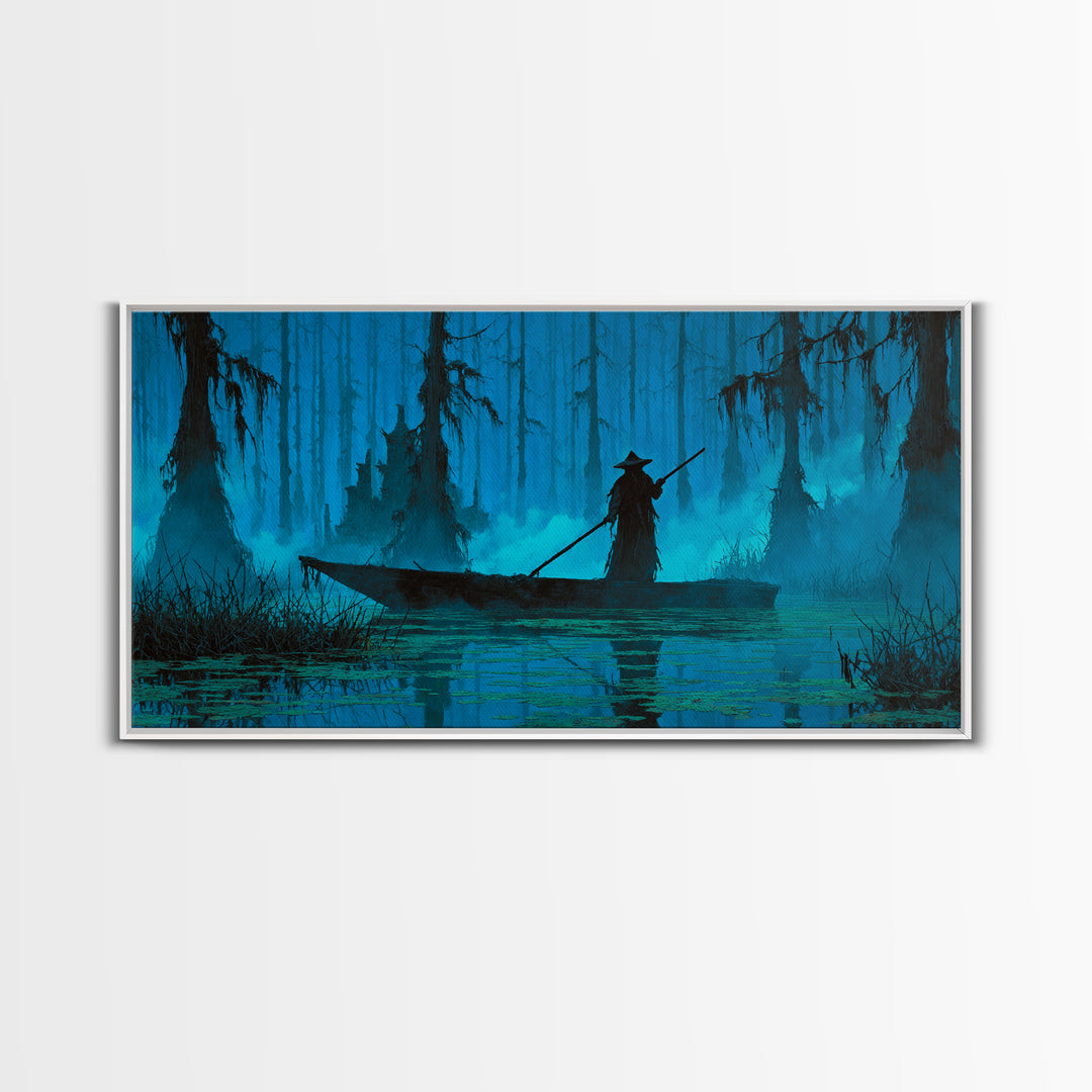 The Ferryman Of The Outer Marsh, Wide Panoramic Art, Lovecraftian Horror Art, Framed Canvas Print, Halloween Wall Decor, Gothic Home Decor