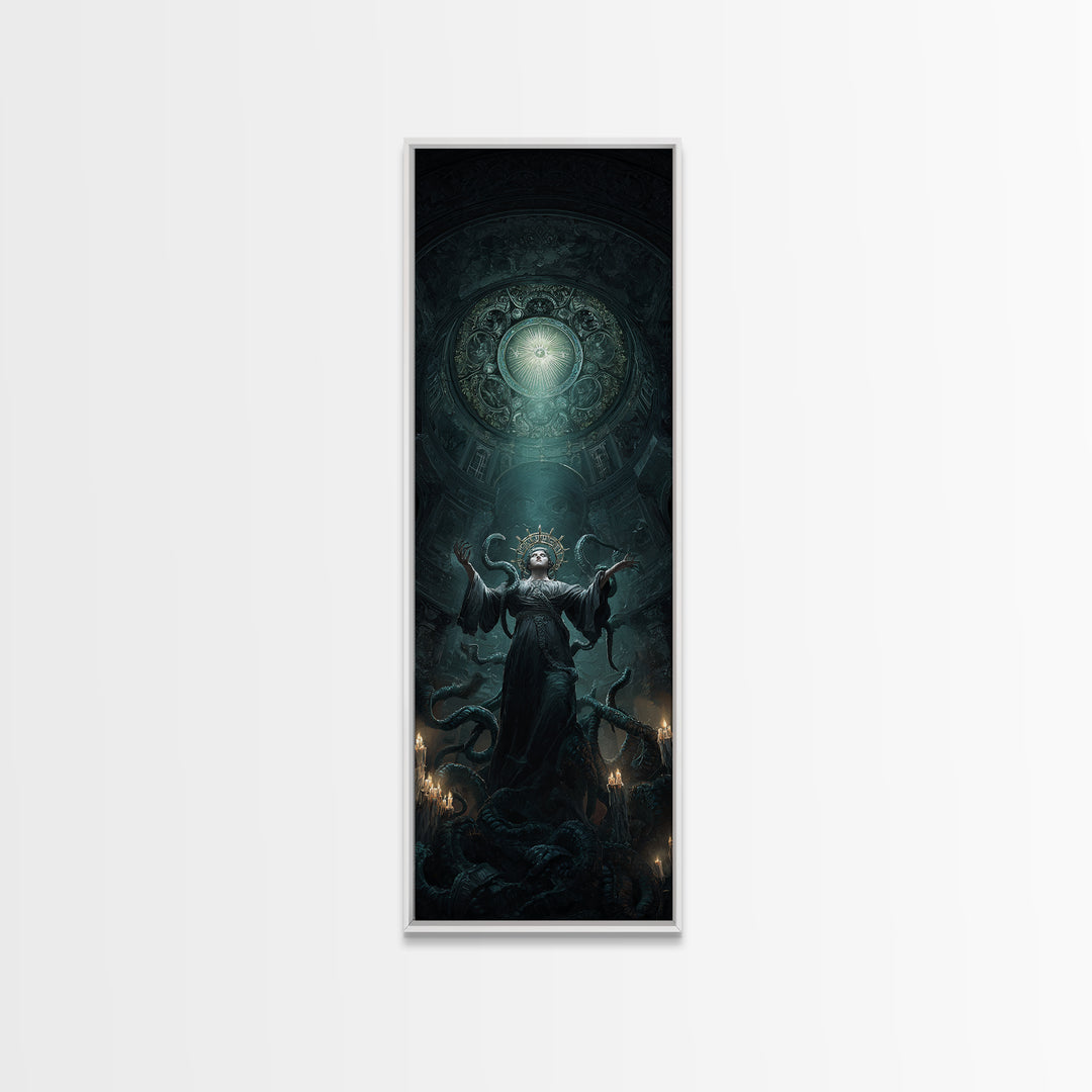 The Crown Of The Tentacled Saint, Tall Narrow Wall Art, Cosmic Horror Wall Art, Framed Canvas Print, Halloween Wall Decor, Gothic Home Decor