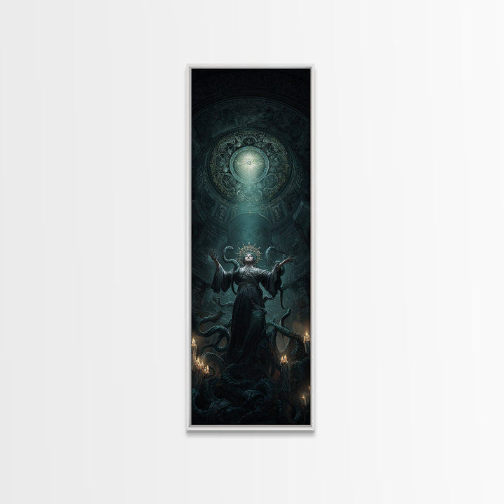 The Crown Of The Tentacled Saint, Tall Narrow Wall Art, Cosmic Horror Wall Art, Framed Canvas Print, Halloween Wall Decor, Gothic Home Decor
