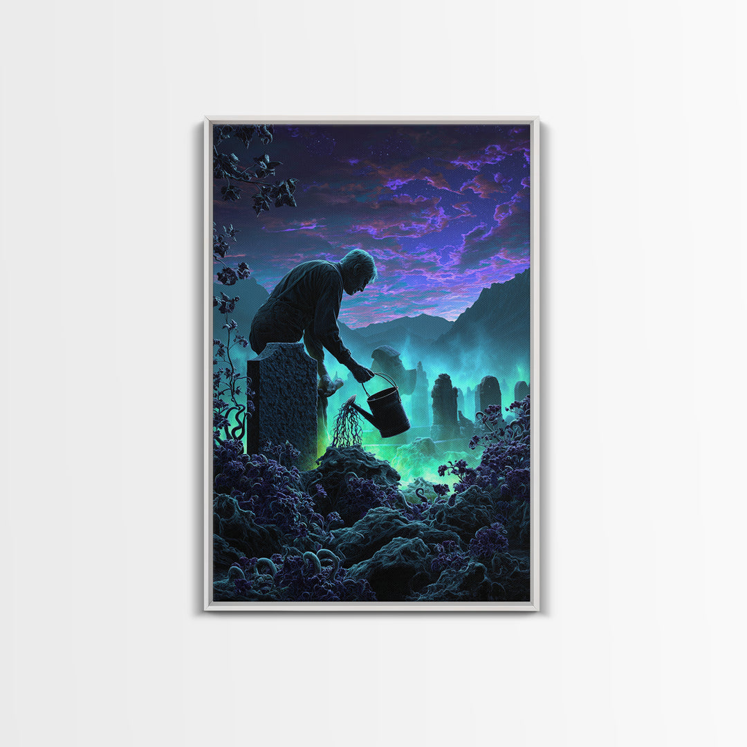 The Grave Gardener Of Yuggoth, Vertical Wall Art, Dark Fantasy Wall Art, Framed Canvas Print, Halloween Wall Decor, Gothic Home Decor