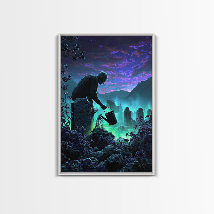 The Grave Gardener Of Yuggoth, Vertical Wall Art, Dark Fantasy Wall Art, Framed Canvas Print, Halloween Wall Decor, Gothic Home Decor