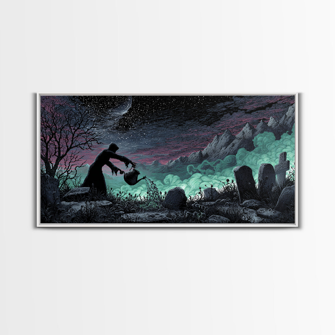 The Grave Gardener Of Yuggoth, Wide Panoramic Art, Spooky Home Decor, Canvas Print, Halloween Wall Decor, Gothic Home Decor, Halloween Decor