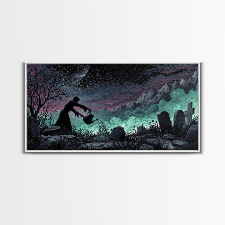 The Grave Gardener Of Yuggoth, Wide Panoramic Art, Spooky Home Decor, Canvas Print, Halloween Wall Decor, Gothic Home Decor, Halloween Decor