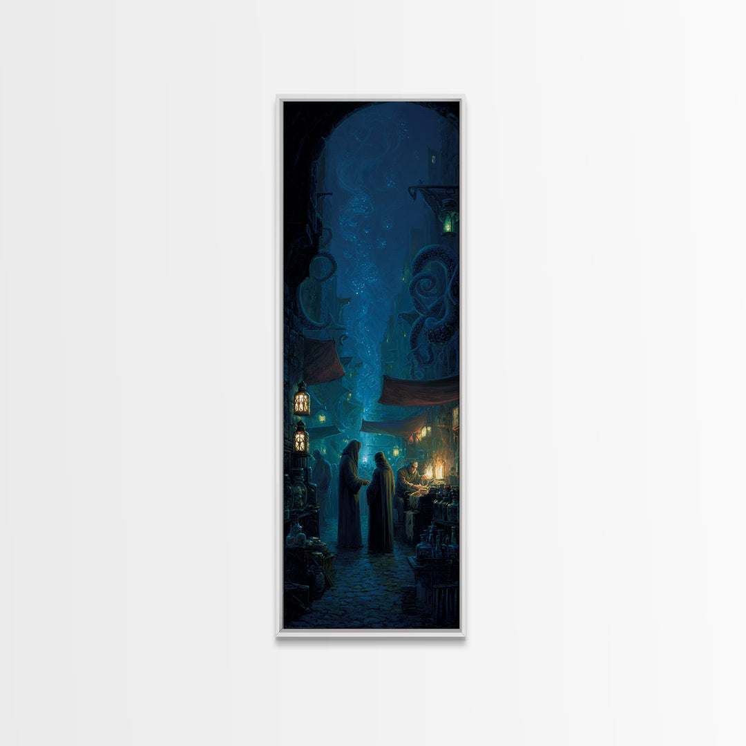 The Lantern Market Beyond The Veil, Tall Narrow Wall Art, Eldritch Gothic Decor, Canvas Print, Halloween Wall Decor, Gothic Home Decor